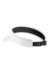 White visor cap with a curved brim, adjustable black mesh strap, and a textured interior for breathability. Features a logo on the side.