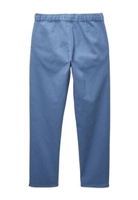 Pantalon bleu à taille élastique fabriqué en coton avec une texture lisse ; il présente une coupe droite et ne comporte pas de poches visibles.