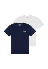 Dos camisetas de manga corta: una de color azul marino y otra blanca, ambas de algodón con cuello redondo y un pequeño logotipo de Wrangler en el pecho.