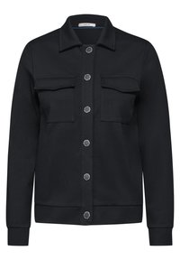 Sort button-up jakke med lange ærmer, to frontlommer med klap og en klassisk krave, lavet af glat stof.