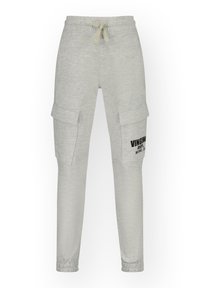 Light gray cargo pants made of soft fabric, featuring elastic waistband with drawstring, side pockets, and printed text detail on pocket.