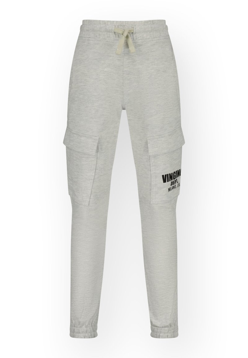 Light gray cargo pants made of soft fabric, featuring elastic waistband with drawstring, side pockets, and printed text detail on pocket.