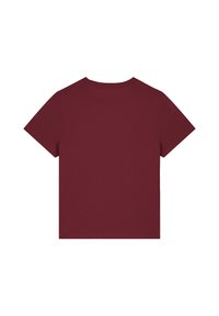 Bordeauxfarbiges Kurzarm-T-Shirt mit Rundhalsausschnitt, aus weichem Baumwollstoff gefertigt. Schlichtes Design, ohne Muster oder Verzierungen.