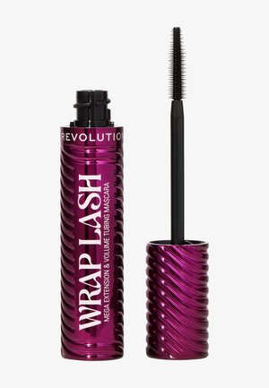 Lilla metallisk mascara rør med tvistet tekstur. Etiketten læser "WRAP LASH." Sort applikatorstang med fine børster til præcis påføring.