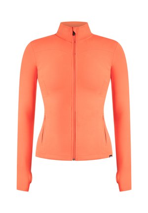 Orange langærmet jakke lavet af glat stof med høj krave, lynlås foran og to sidelommer. Tætsiddende design.