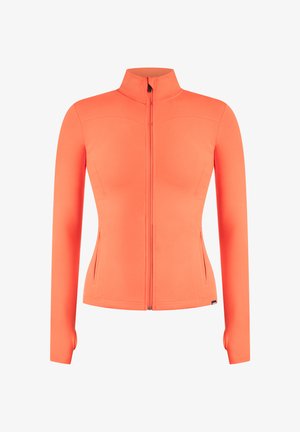 Orange long-sleeve jacket made of smooth fabric, featuring a high collar, front zipper, and two side pockets. Form-fitting design.