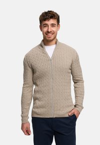 Beige kabelstrikket genser med høy krage og frontglidelås. Har ribbestrikkede mansjetter og kant; stoffet viser teksturerte mønstre.