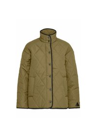 Giacca trapuntata verde oliva con colletto alto, chiusura a bottoni a pressione, tasca laterale e rifiniture nere lungo i bordi e la tasca.