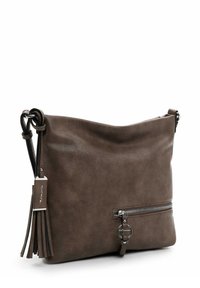 Borsa a tracolla in finta pelle marrone con design morbido, tasca con zip e dettagli a nappina; dotata di una corta tracolla e hardware in metallo.