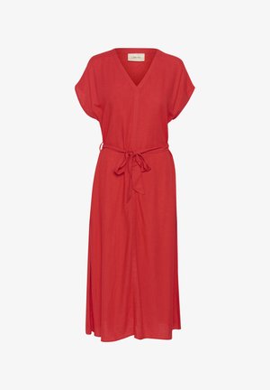 Rode linnen jurk met een V-hals, korte mouwen en een strikceintuur. Heeft een losse pasvorm en valt tot op de helft van de kuit.