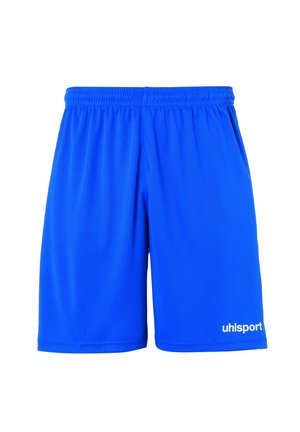 Blauwe sportieve shorts van lichte stof, met een elastische tailleband en het "uhlsport" logo in het wit op het rechteronderbeen.