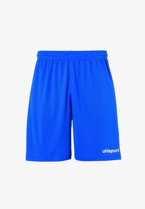 Blauwe sportieve shorts van lichte stof, met een elastische tailleband en het "uhlsport" logo in het wit op het rechteronderbeen.