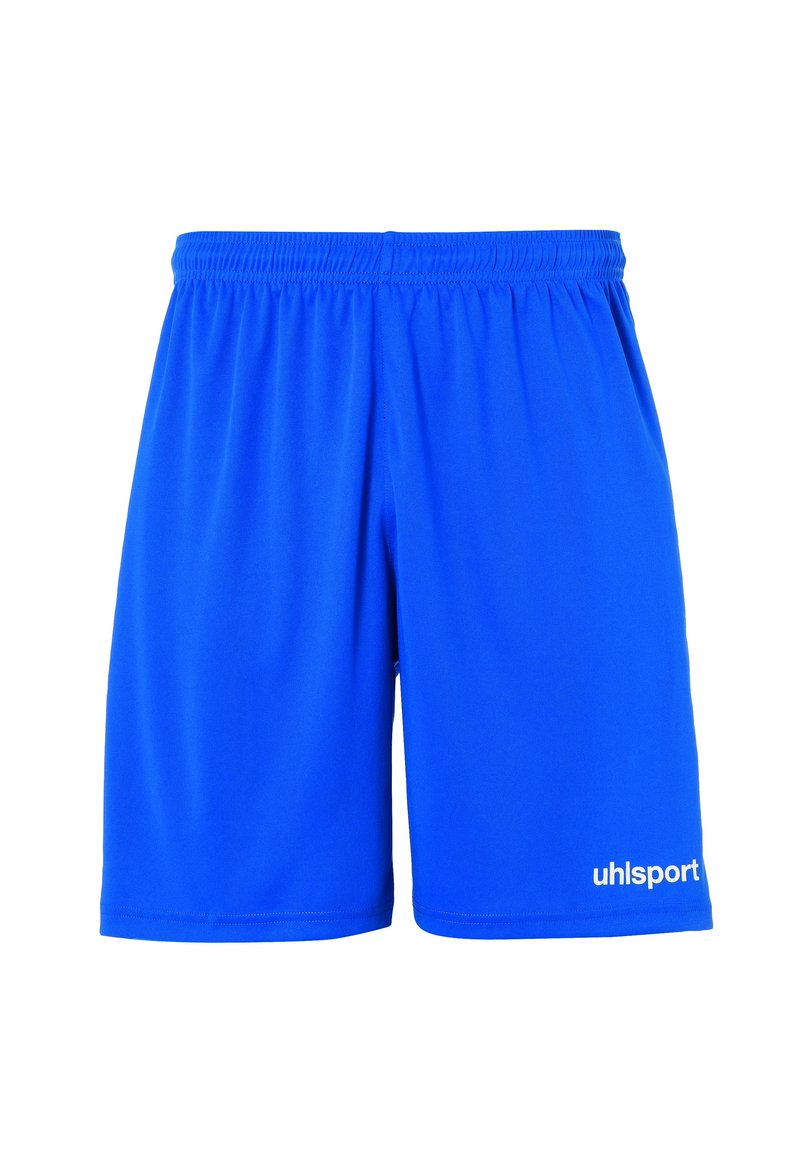 Shorts de sport bleus en tissu léger, dotés d'une taille élastique et du logo "uhlsport" en blanc sur le bas de la jambe droite.