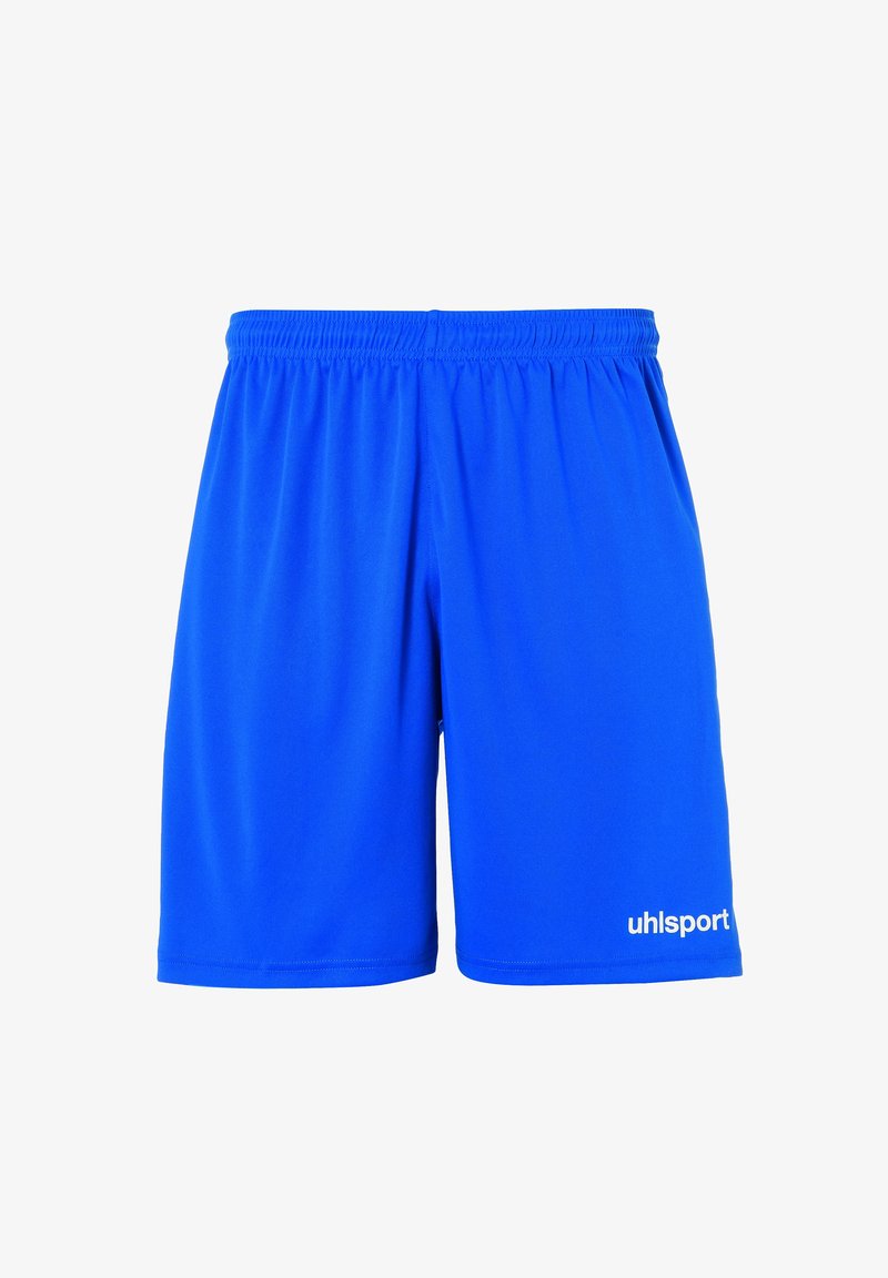 Shorts de sport bleus en tissu léger, dotés d'une taille élastique et du logo "uhlsport" en blanc sur le bas de la jambe droite.