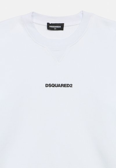 Sweatshirt blanc en coton avec un col rond. Présente un logo imprimé noir "DSQUARED2" sur le devant, avec un col et des poignets côtelés.