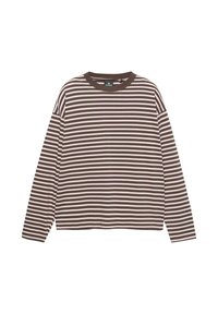 Brązowa i biała, w paski, długa koszula z długim rękawem oraz okrągłym dekoltem. Wykonana z miękkiego materiału; charakteryzuje się luźnym krojem i opuszczonymi szwami na ramionach.