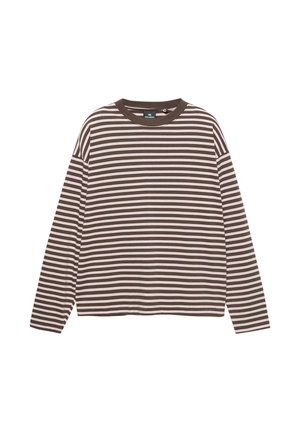 Braun-weiße gestreifte Langarmbluse mit rundem Ausschnitt. Hergestellt aus weichem Stoff; bietet eine lockere Passform und abfallende Schulternähte.