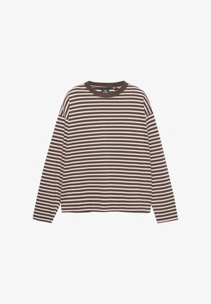 Braun-weiße gestreifte Langarmbluse mit rundem Ausschnitt. Hergestellt aus weichem Stoff; bietet eine lockere Passform und abfallende Schulternähte.