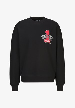 Schwarzer Sweatshirt mit Rundhalsausschnitt, gerippten Bündchen und Saum, mit rotem und weißem "RACER 1 19V69" Logo auf der linken Brust.