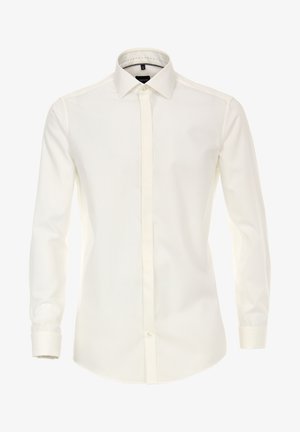 Weißes Langarm-Hemd mit Knöpfen aus glatter Baumwolle. Es hat einen klassischen Kragen, Knöpfe an den Manschetten und ein klares Design der vorderen Knopfleiste.