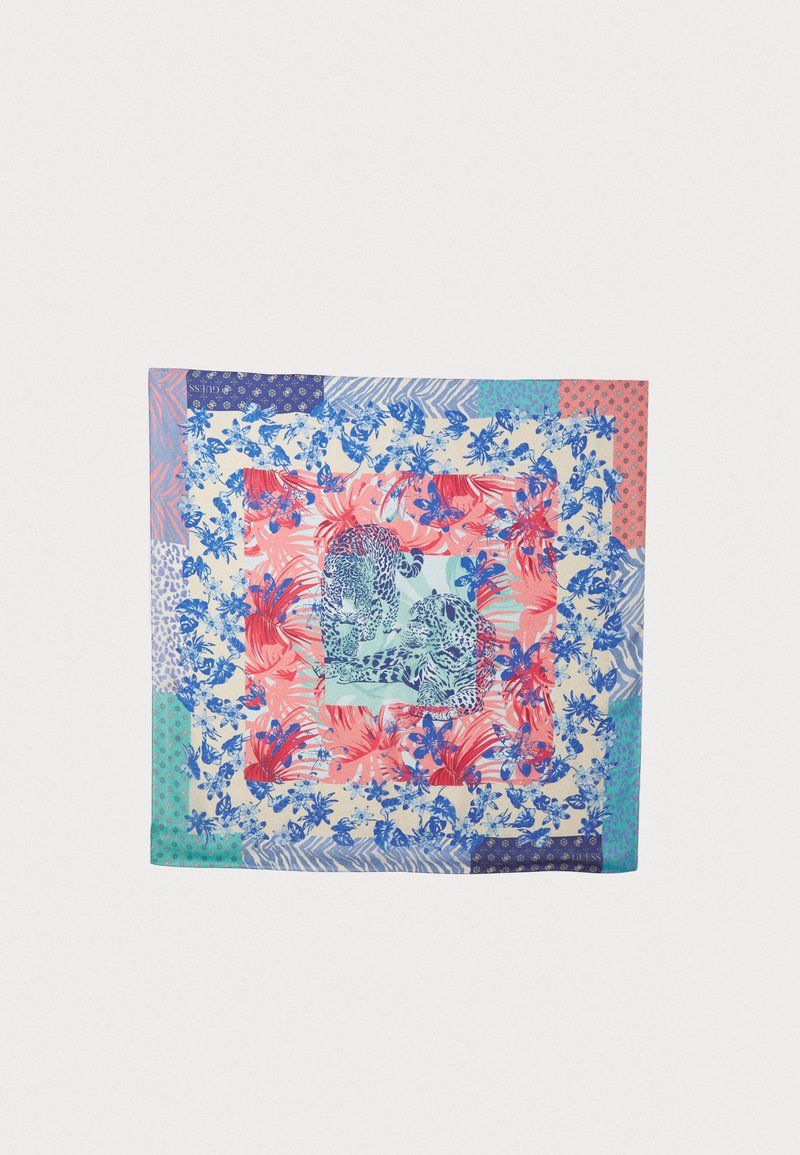Écharpe carrée colorée arborant des motifs floraux et animaliers, principalement en rose, bleu et vert, avec une bordure à motif varié et une texture douce.