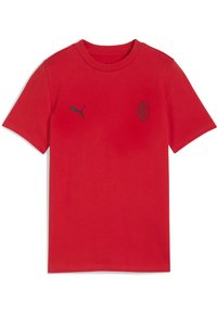 Röd bomull t-shirt med kort ärm. Har en mörkgrå Puma-logotyp på vänster bröst och ett AC Milan-emblem på höger. Rund halsringning.