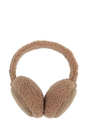 Des écouteurs en mousse marron, moelleux, avec un bandeau rembourré, recouverts d'un matériau doux. Les coupelles rondes sont texturées, offrant un design chaud et confortable.