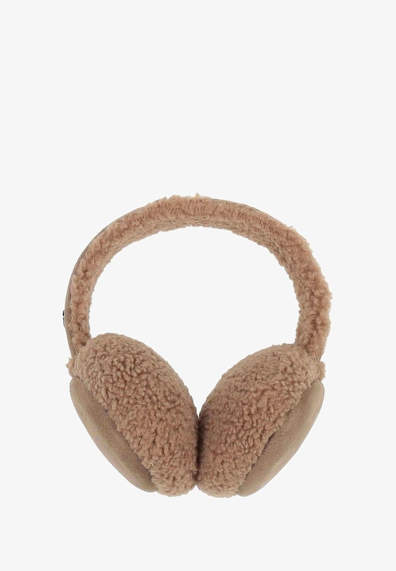 Bruine, pluizige oorkappen met een gepolsterde hoofdband, bedekt met een zacht materiaal. Ronde oorkappen zijn getextureerd en bieden een warm en comfortabel ontwerp.