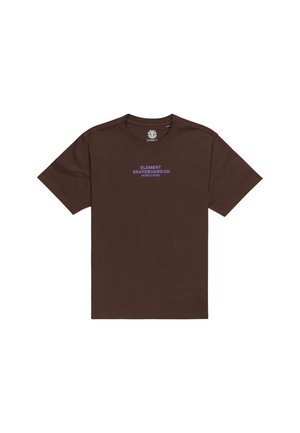 Brown short-sleeve t-shirt with a crew neckline. Features a purple logo text reading "ELEMENT SKATEBOARD CO. WORLD WIDE" on the front.