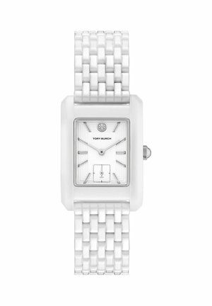 Montre-bracelet rectangulaire en céramique blanche avec bracelet à maillons, index argentés, petit cadran des secondes et logo Tory Burch sur le cadran.