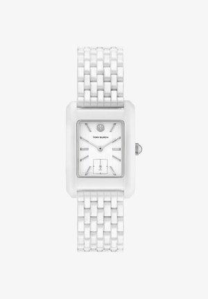 Rechthoekig wit keramisch polshorloge met gekoppelde armband, zilverkleurige uurmarkeringen, kleine secondenwijzer en Tory Burch-logo op de wijzerplaat.