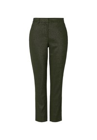 Pantalons métalliques verts à coupe slim, avec une texture lisse, un pli à l'avant, une taille standard et un léger éclat.