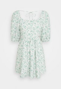 Vestido de manga curta em algodão branco com um padrão floral verde, decote quadrado e fecho nas costas com laço. Apresenta uma cintura franzida.