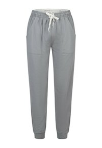 Szare bawełniane spodnie dresowe ze ściągaczem w pasie, sznurkiem do regulacji oraz dwoma przednimi kieszeniami. Zwężane mankiety przy kostkach. Gładka faktura.