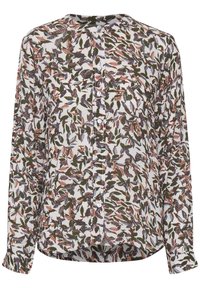 Blusa a maniche lunghe con sfondo bianco e stampa di foglie multicolori in verde, marrone e blu. Chiusura frontale con bottoni e vestibilità comoda.