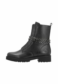 Bottines noires en cuir avec un détail de chaîne autour de la taille, une semelle robuste et une tirette à l'arrière pour un enfilage facile.