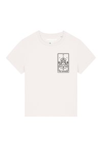Witte katoenen T-shirt met een zwarte grafische print van de tarotkaart "De Keizerin" op de voorkant, voorzien van korte mouwen en een ronde hals.
