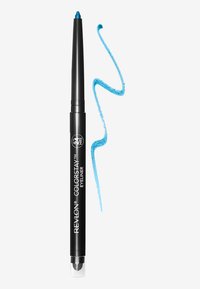 Revlon Colorstay eyeliner in a black plastic pencil with a blue tip, accompanied by a swatch of bright blue eyeliner.
