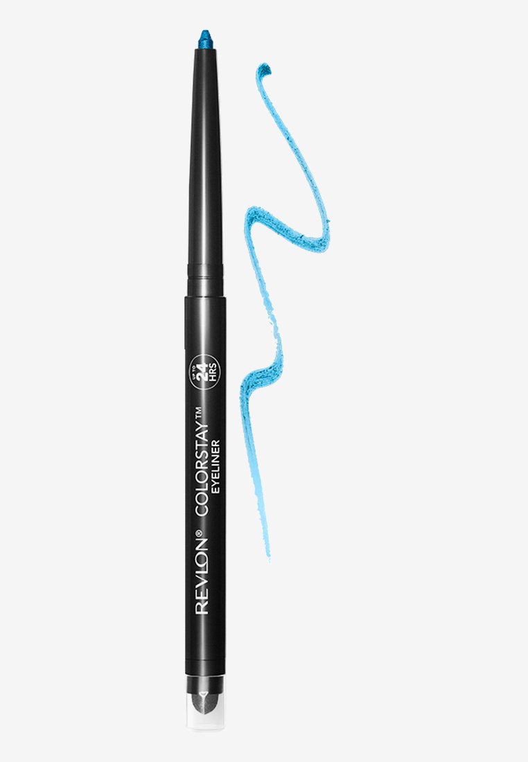 Eyeliner Revlon Colorstay in una matita di plastica nera con punta blu, accompagnato da un campione di eyeliner blu brillante.