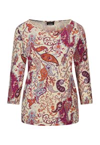 Langärmliges Oberteil in Creme mit einem bunten floralen Paisleymuster in lila, orange und hellblau. Runder Ausschnitt, weicher Stoff.
