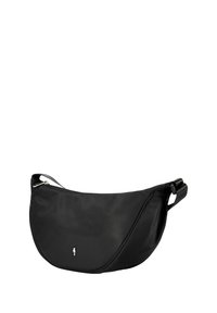 Czarna nylonowa torba o zaokrąglonym kształcie, z zamkiem błyskawicznym i regulowanym paskiem. Z przodu znajduje się małe, metaliczne logo.