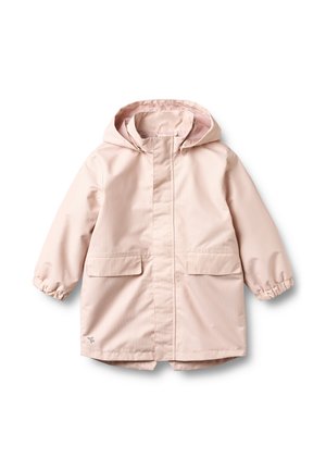 Lyserød hætte-regnjakke med lange elastiske manchetter og to forlommer med klap, vist på en hvid baggrund.