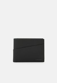 Black leather wallet with a textured finish, featuring an angled design and embossed branding on the lower right corner.
