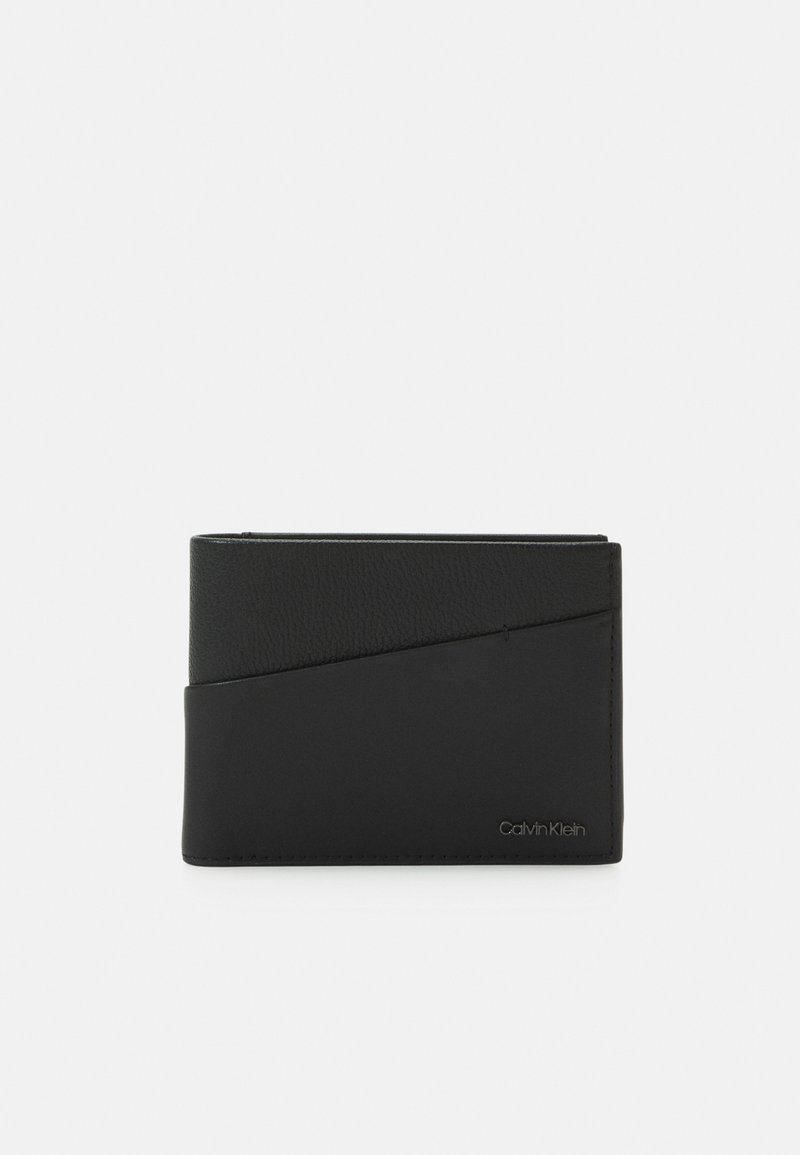 Black leather wallet with a textured finish, featuring an angled design and embossed branding on the lower right corner.