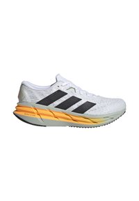 White athletic shoe with black striped design, textured upper, cushioned multicolored sole featuring orange and gray accents, and black tread.