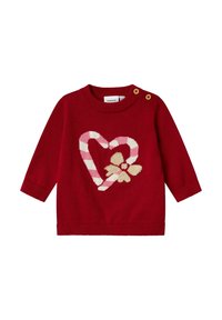 Maglione per bebè a maniche lunghe rosso con cuore a strisce a forma di bastoncino di zucchero e design con fiocco beige, dotato di due bottoni in legno sulla spalla.