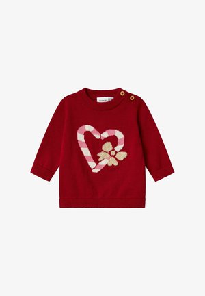 Roter Langarm-Babysweater mit gestreiftem Zuckerstangenherz und beigem Schleifendesign, versehen mit zwei Holzknöpfen an der Schulter.