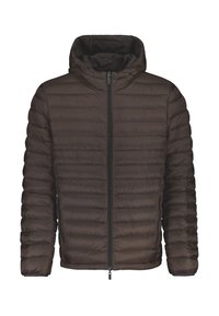 Giacca a vento marrone realizzata in materiale leggero e trapuntato, con zipper frontale, cappuccio e tasche laterali. Presenta una consistenza liscia e opaca.