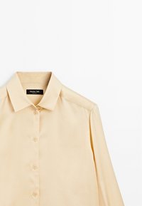 Helle beige Knöpfen-oben Hemd mit spitzem Kragen, weicher Textur und langen Ärmeln. Verfügt über ein Etikett am Ausschnitt.