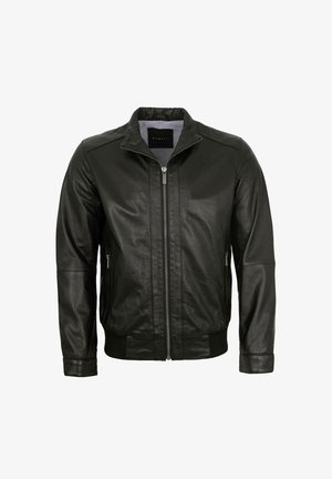 Schwarze Lederbomberjacke mit Stehkragen, vorderem Reißverschluss, Seitentaschen und gerippten Bündchen und Saum. Glatte Textur und taillierte Passform.